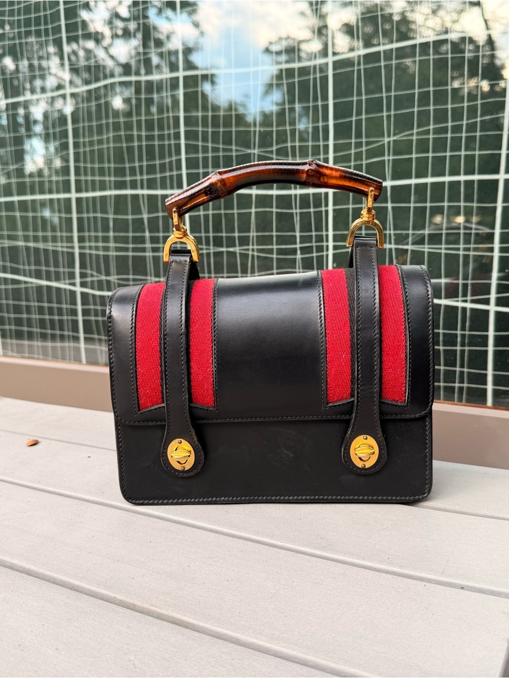 Vintage Vintage Gucci Bamboo Handle Black Leather Satchel Bag (Pre-1980s)